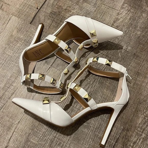 INC - White - Studded Goring Ankle Strap Syndia Pointed Toe Stilettos - Size 10M - Picture 7 of 10